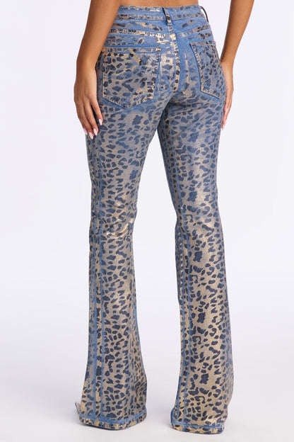 Spotted Leopard Foil Flare Jeans - Black/combo