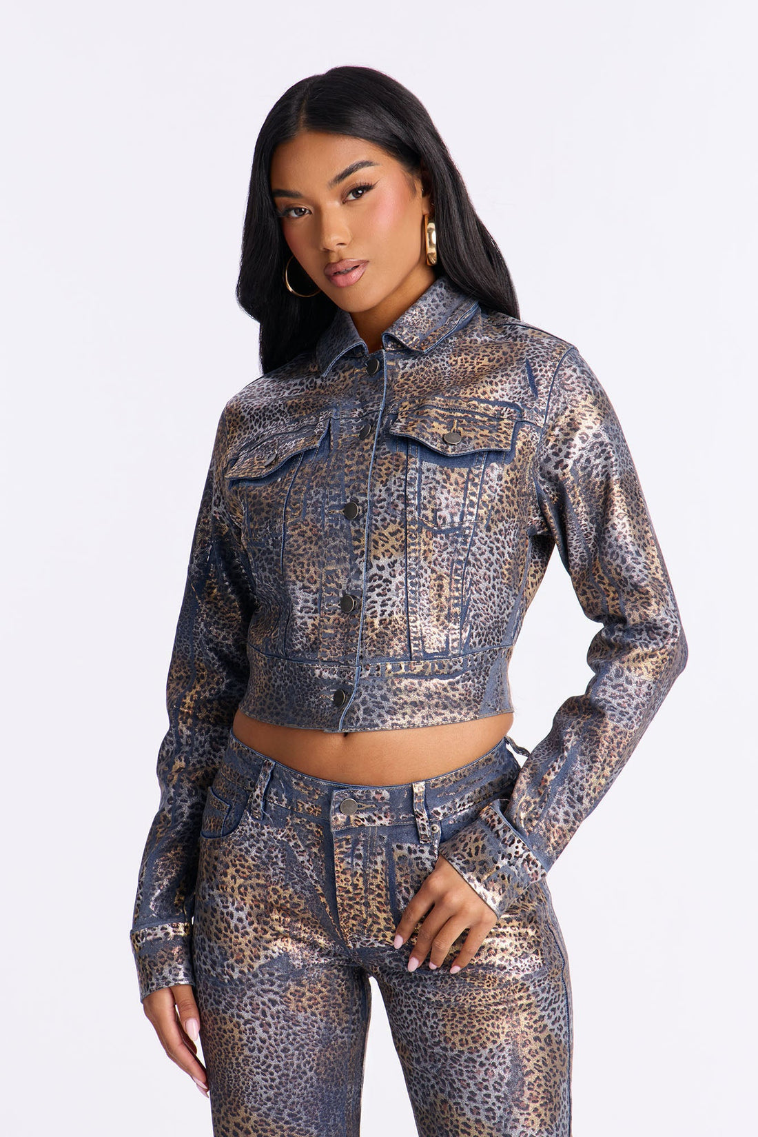 Wild Side Leopard Foil Denim Jacket - Brown/combo