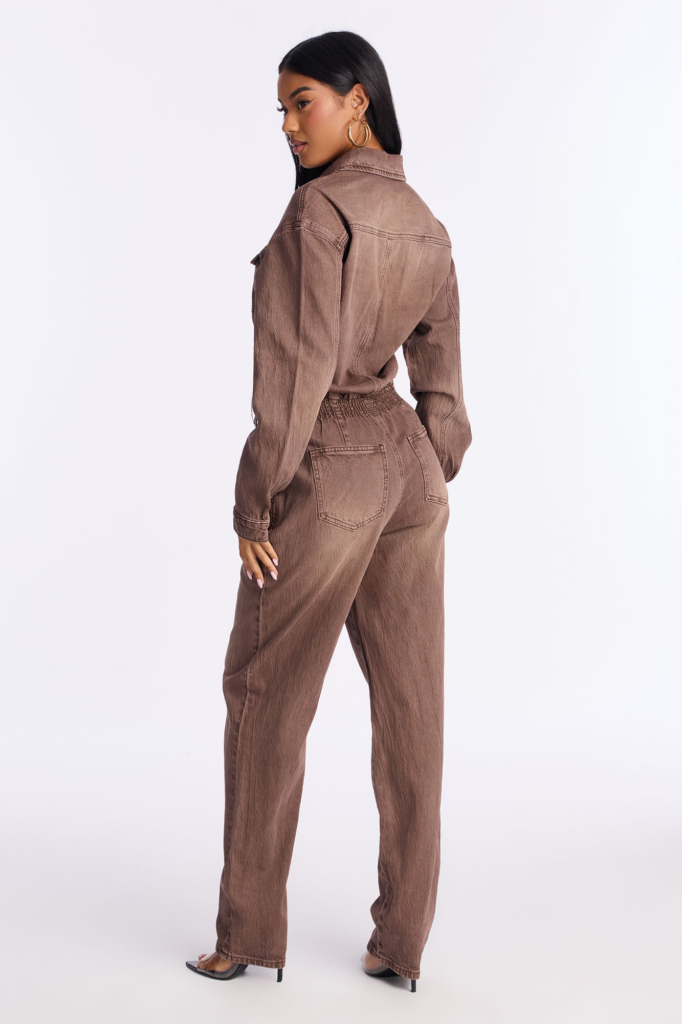 Samara Washed Denim Jumpsuit - Brown