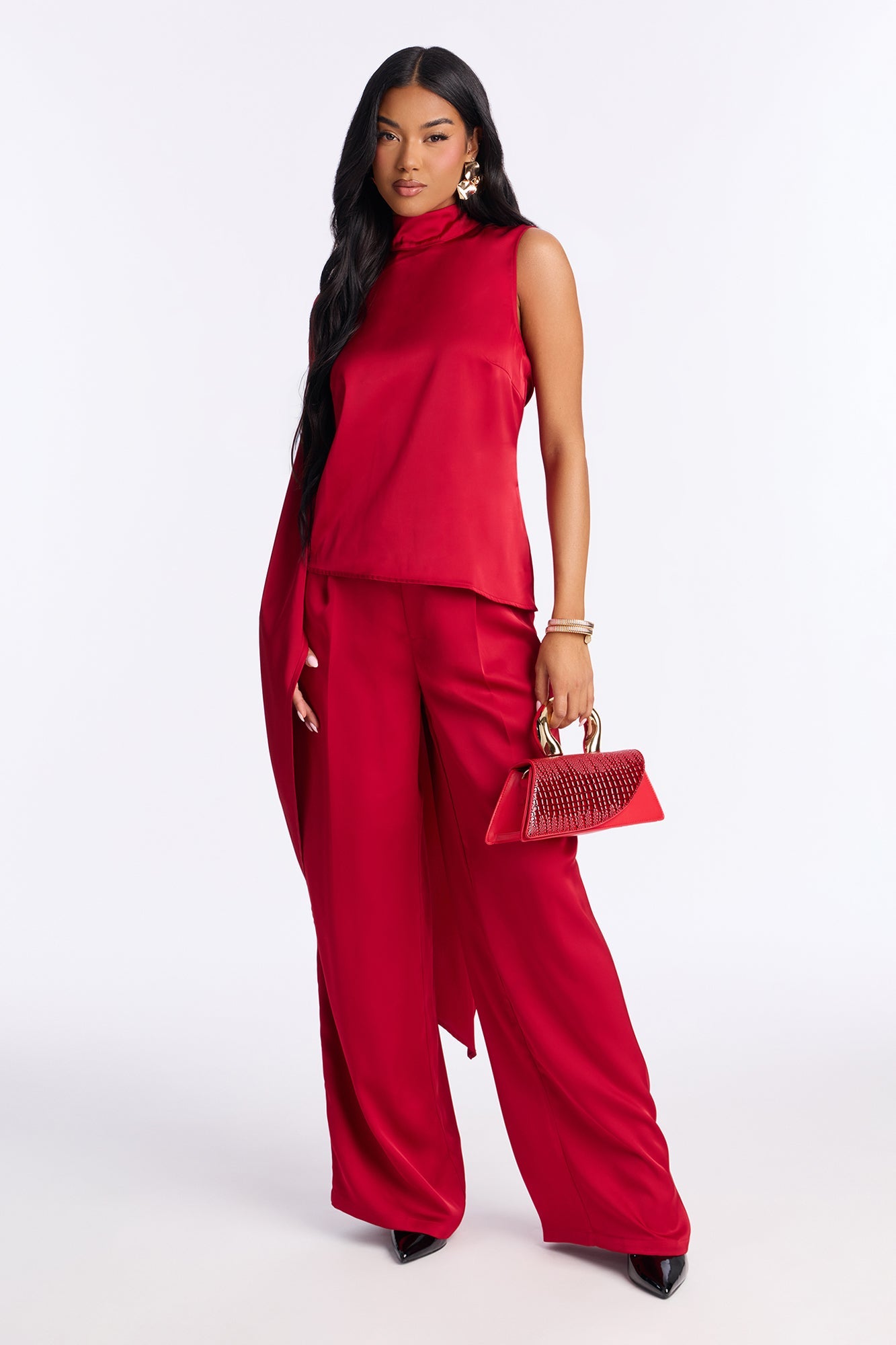 Karina Mock Neck Asymmetrical Wide Leg Pant Set - Red