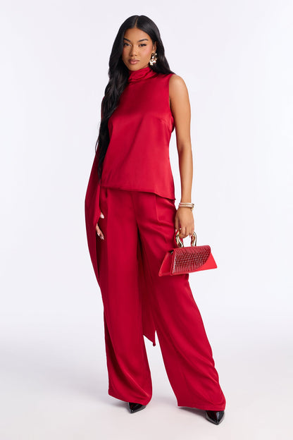Karina Mock Neck Asymmetrical Wide Leg Pant Set - Red