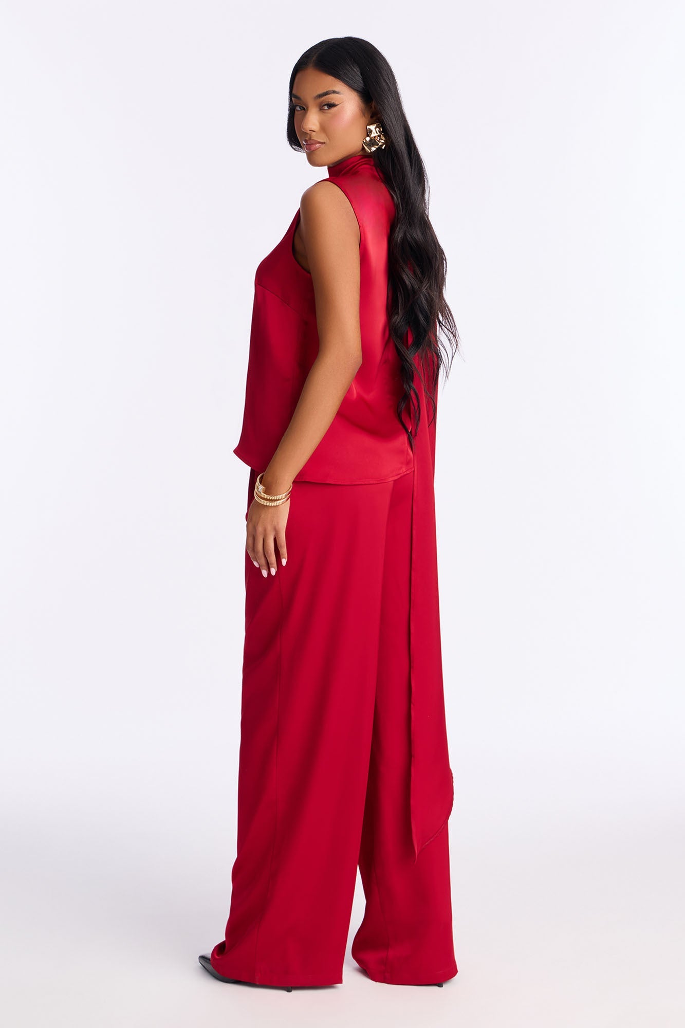 Karina Mock Neck Asymmetrical Wide Leg Pant Set - Red