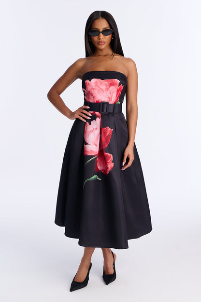 Dixie Strapless Floral Satin Midi Dress - Black