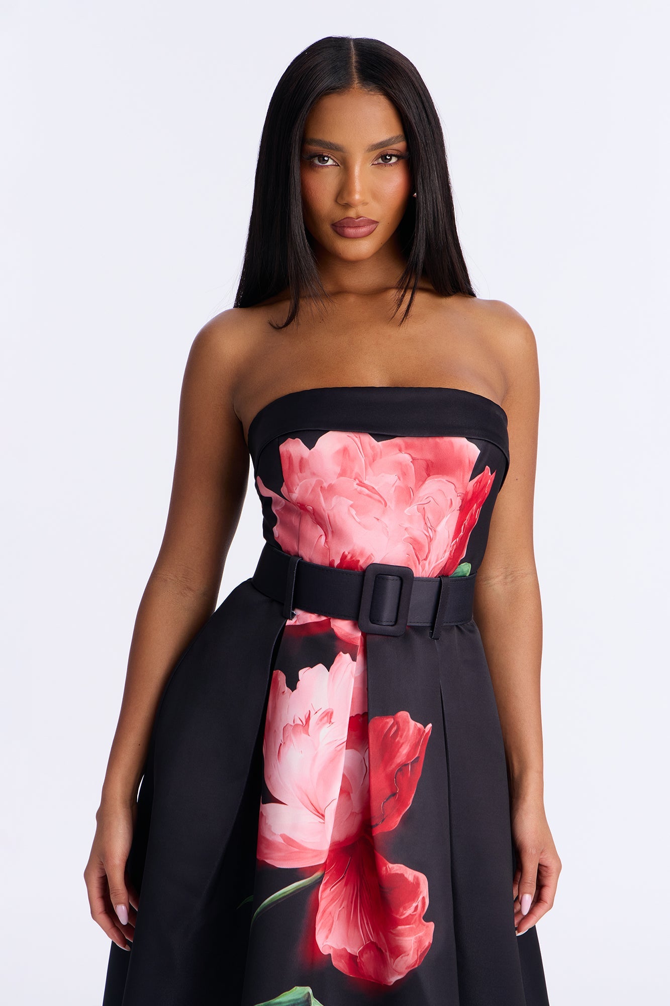 Dixie Strapless Floral Satin Midi Dress - Black