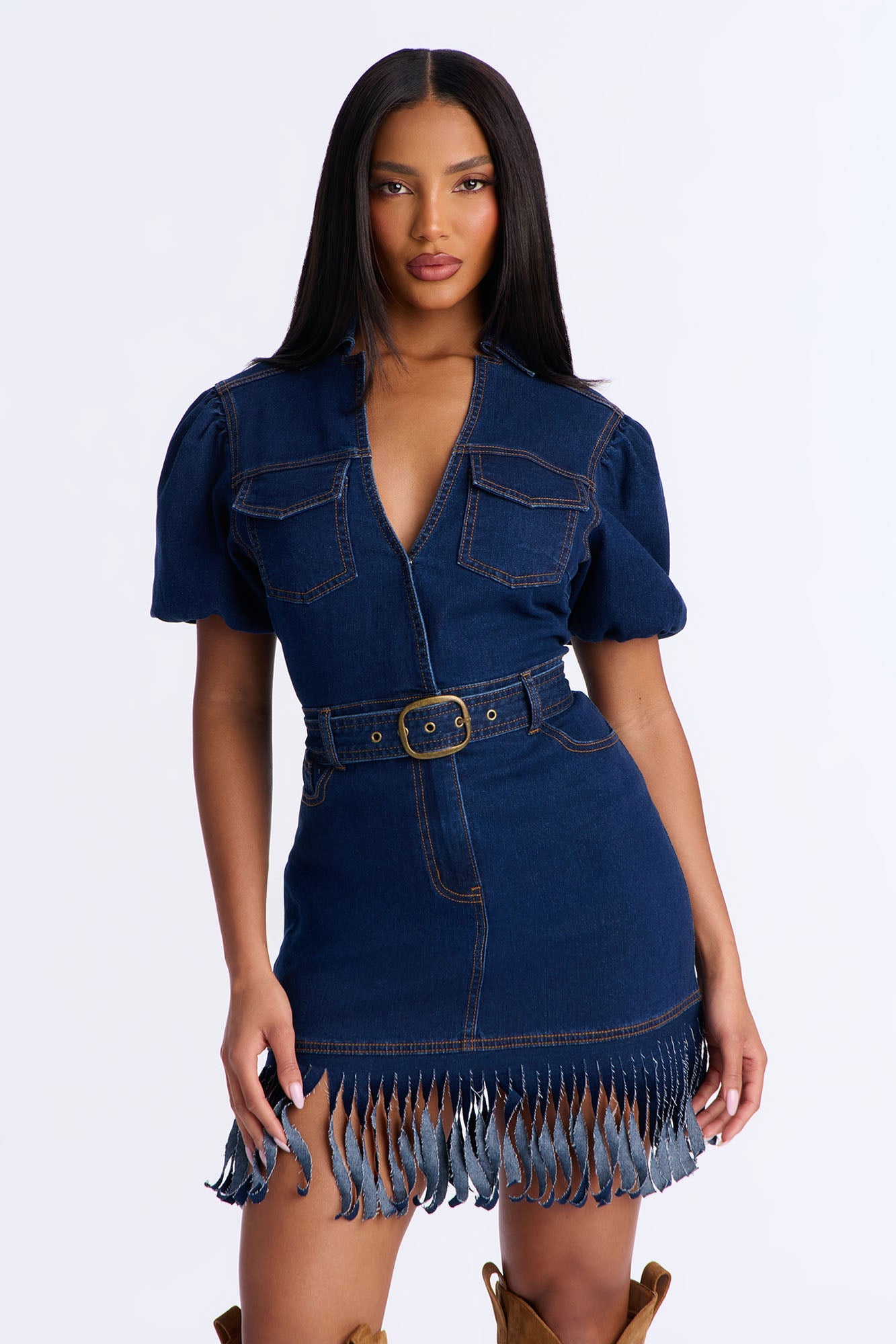 Leah Fringe Denim Mini Dress - Dark Denim