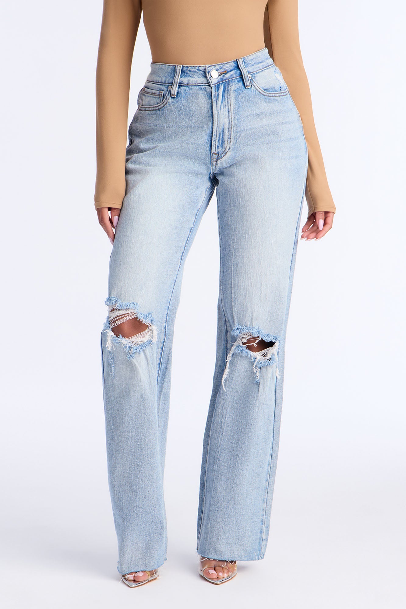 A Secret High Rise Ripped Stretch Straight Leg Jeans - Light Wash