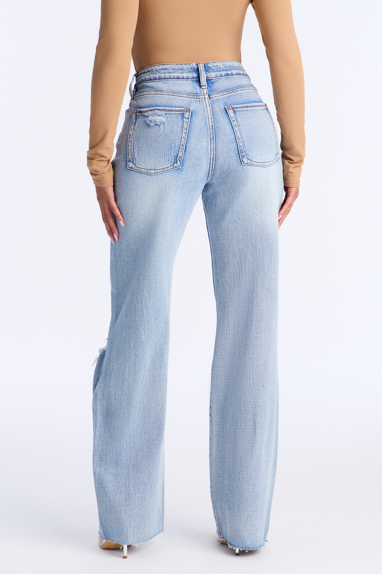 A Secret High Rise Ripped Stretch Straight Leg Jeans - Light Wash