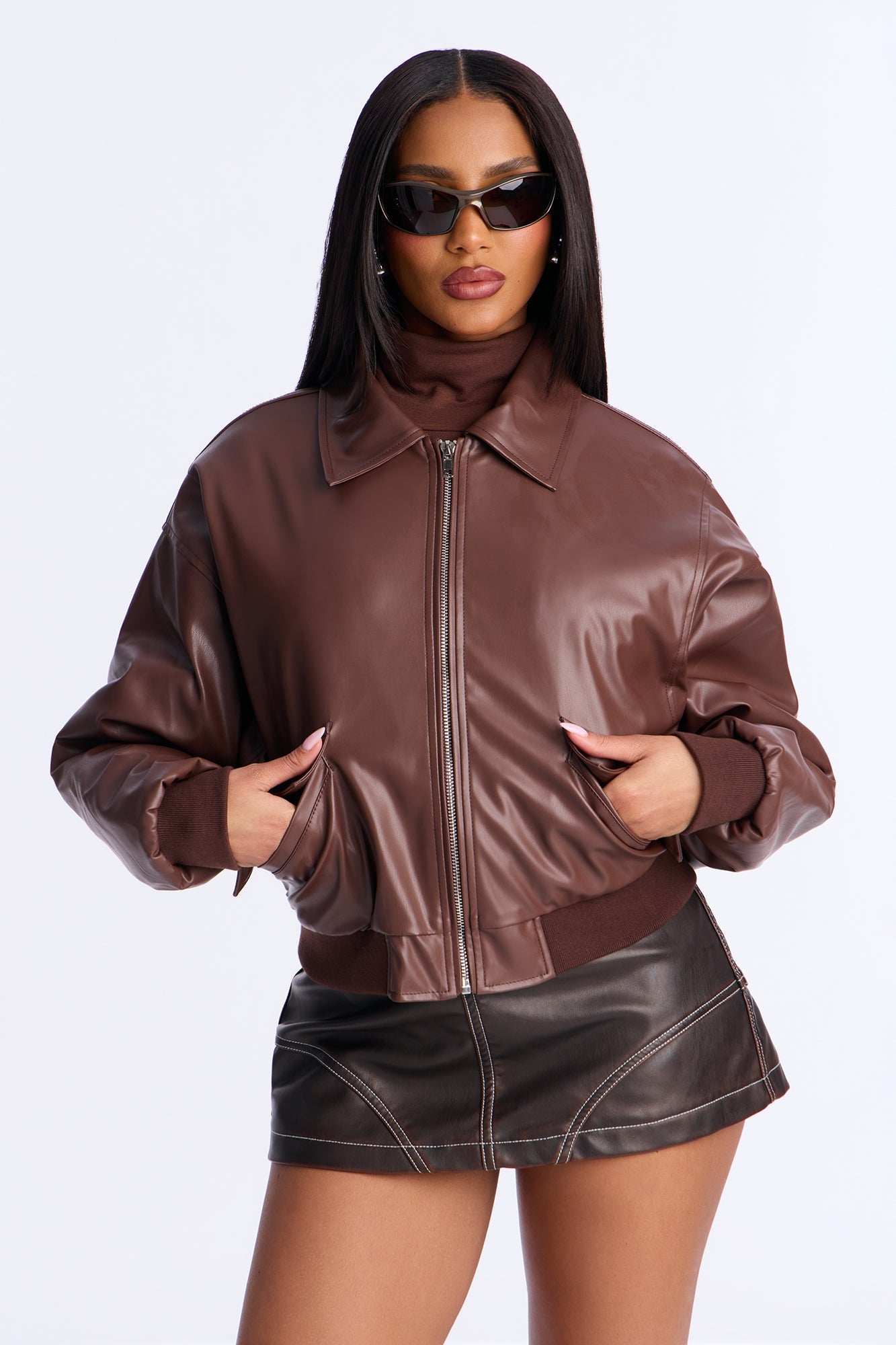 Faye Faux Leather Puffer Jacket - Brown