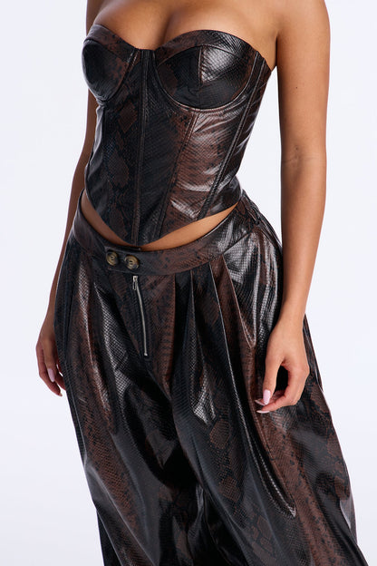Gone Wild Snake Print Corset Jogger Set - Brown Combo