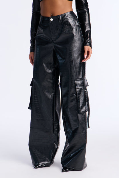 Gigi Embossed Croc Faux Leather Cargo Pant 32″ - Black