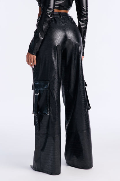 Gigi Embossed Croc Faux Leather Cargo Pant 32″ - Black