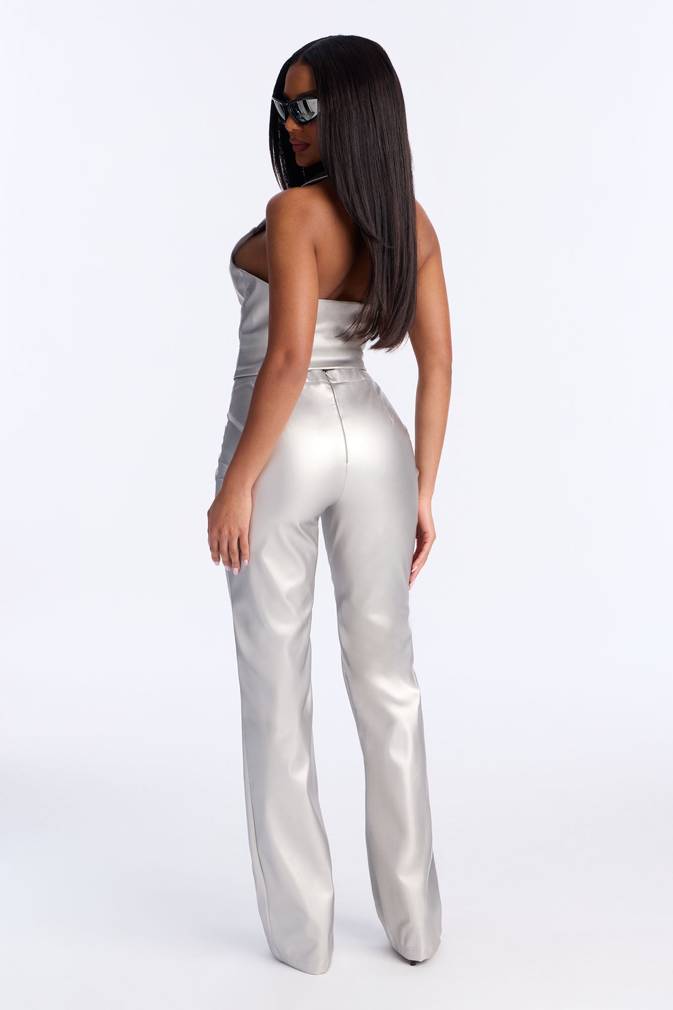 Downtown Drip Faux Leather Pant Set - Silver