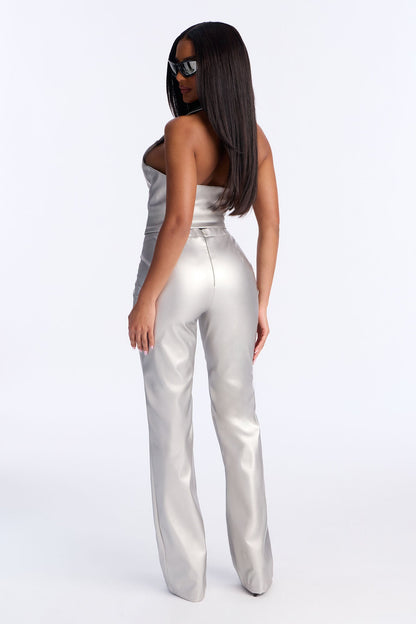 Downtown Drip Faux Leather Pant Set - Silver