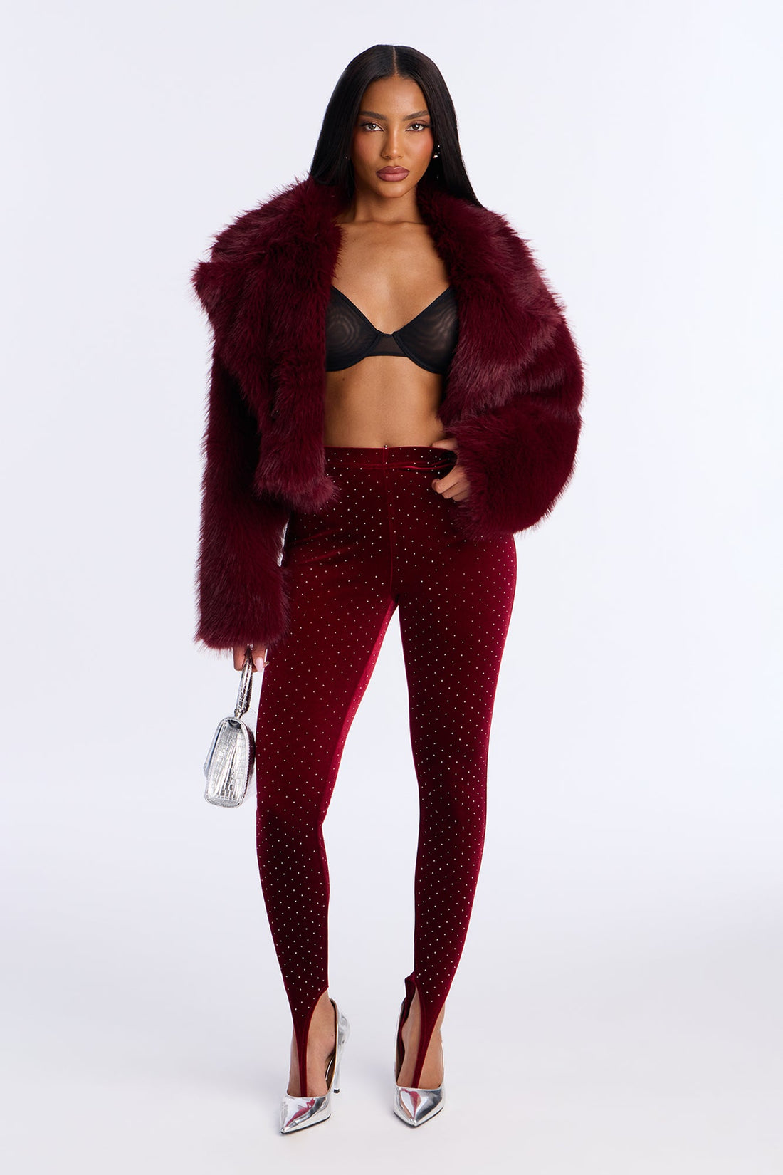 Seasonal Essence Embellished Velvet Stirrup Legging - Burgundy