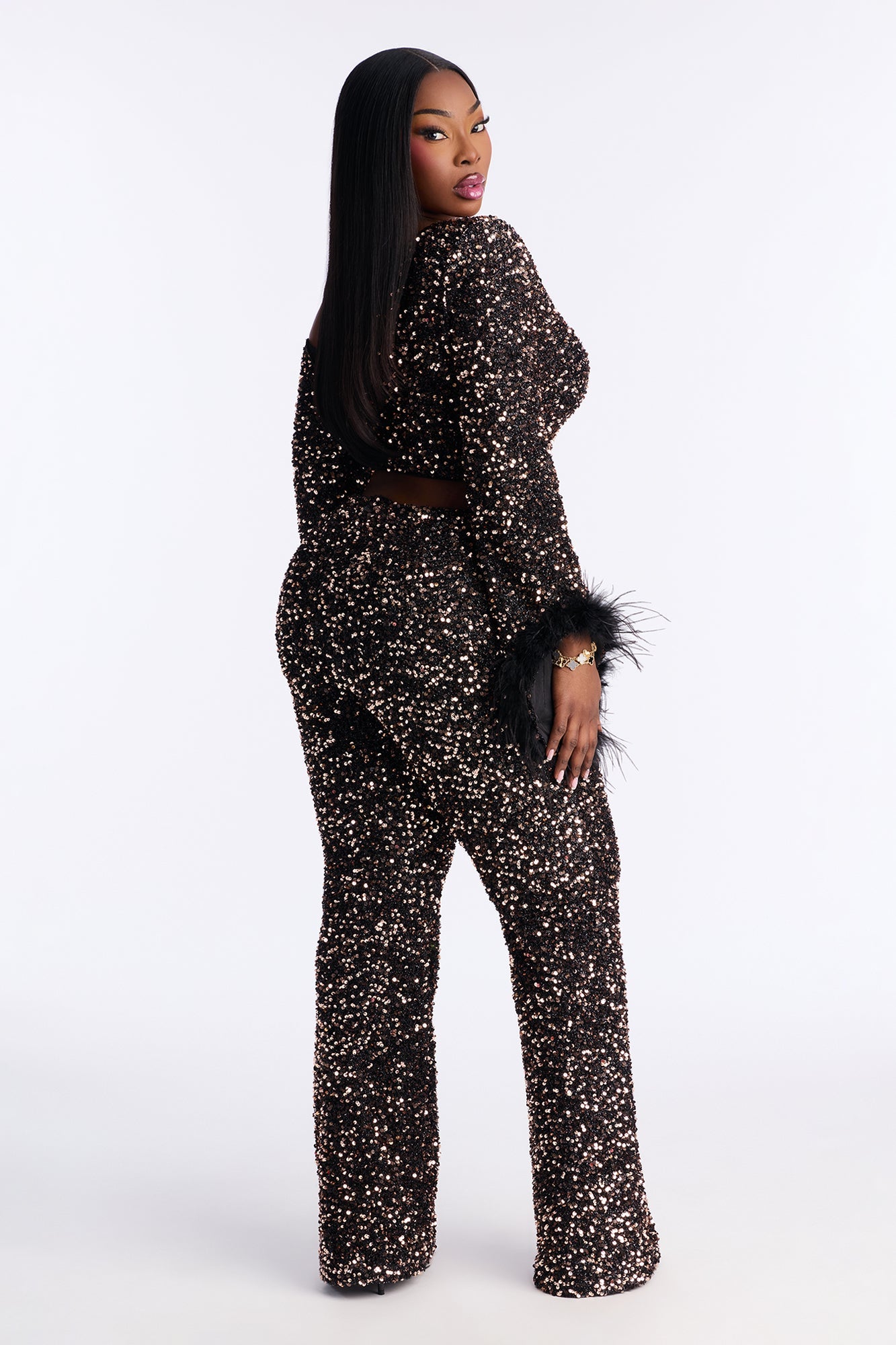 Shine All Night Feather Trim Sequin Pant Set - Chocolate