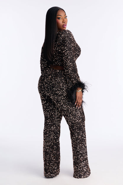 Shine All Night Feather Trim Sequin Pant Set - Chocolate