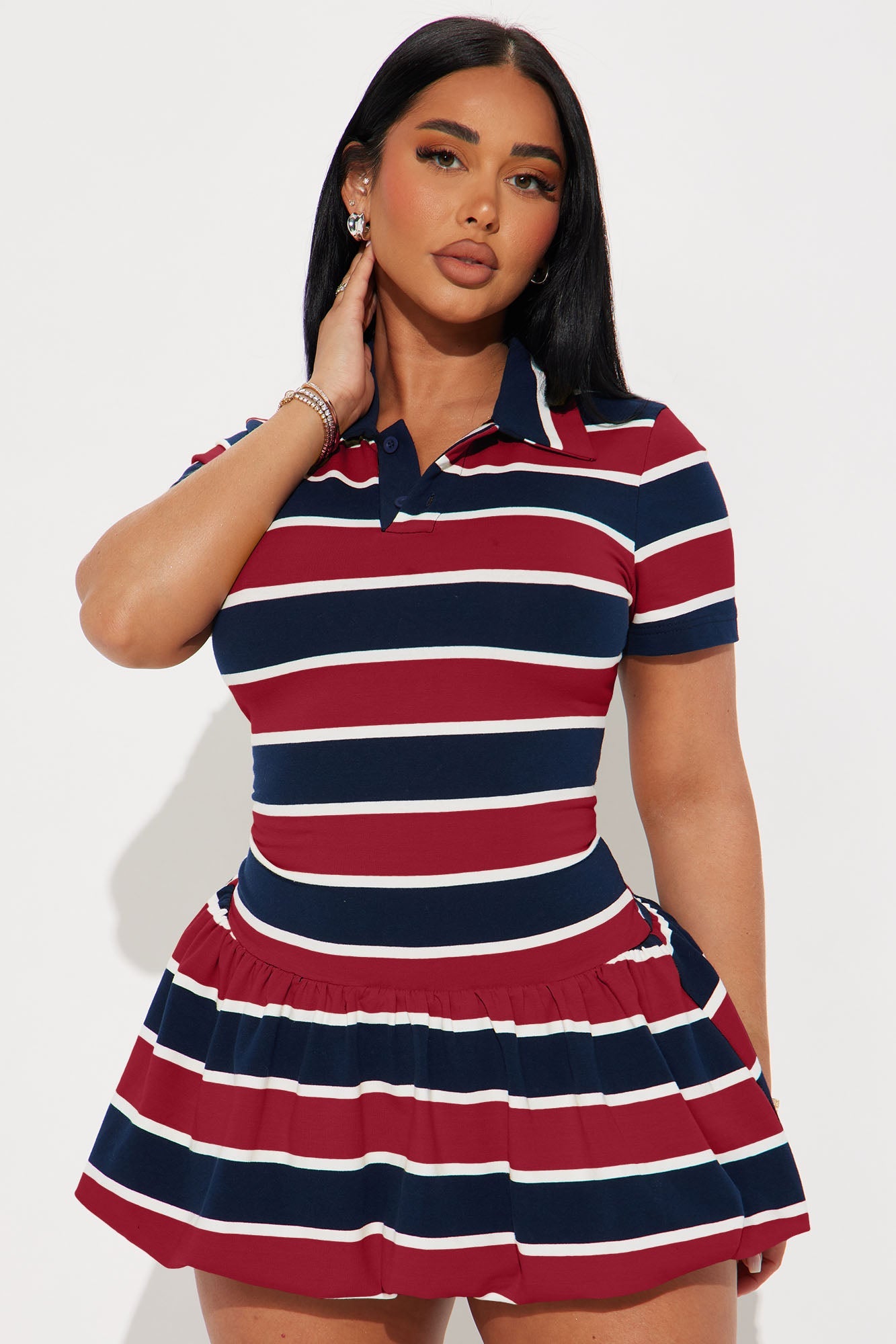 Hayes Striped Bubble Micro Mini Dress - Navy/Red
