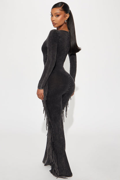 Carry Me Higher Long Sleeve Fringe Jumpsuit - Black