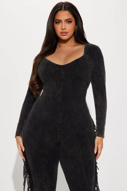 Carry Me Higher Long Sleeve Fringe Jumpsuit - Black
