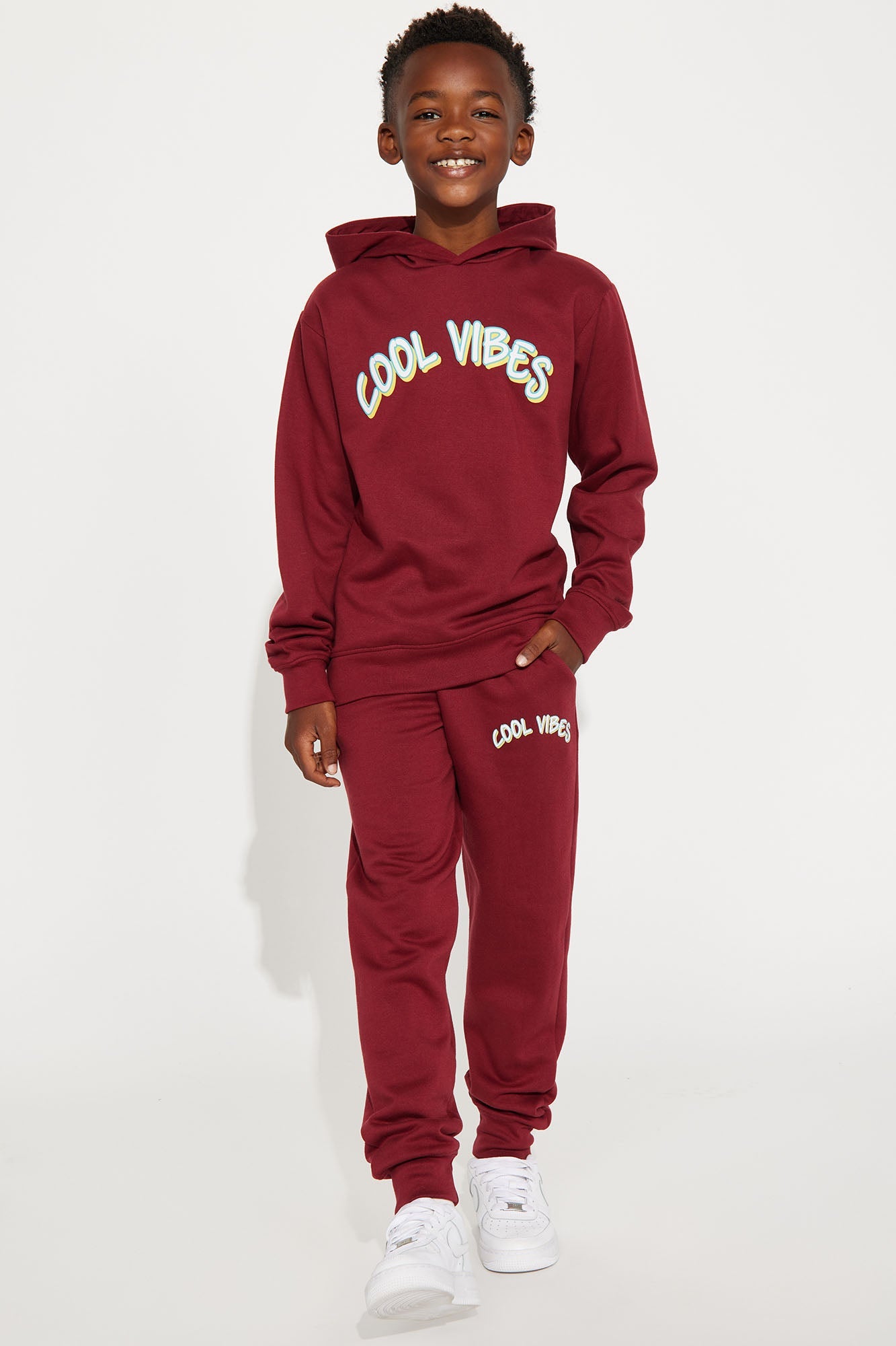 Mini Cool Vibes Fleece Hoodie &amp; Jogger Pant Matching Set - Burgundy