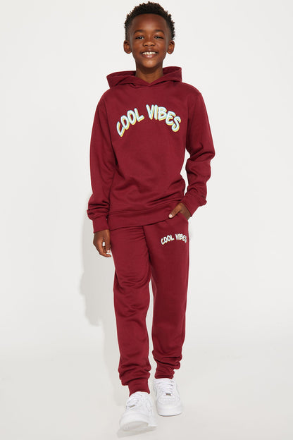 Mini Cool Vibes Fleece Hoodie &amp; Jogger Pant Matching Set - Burgundy