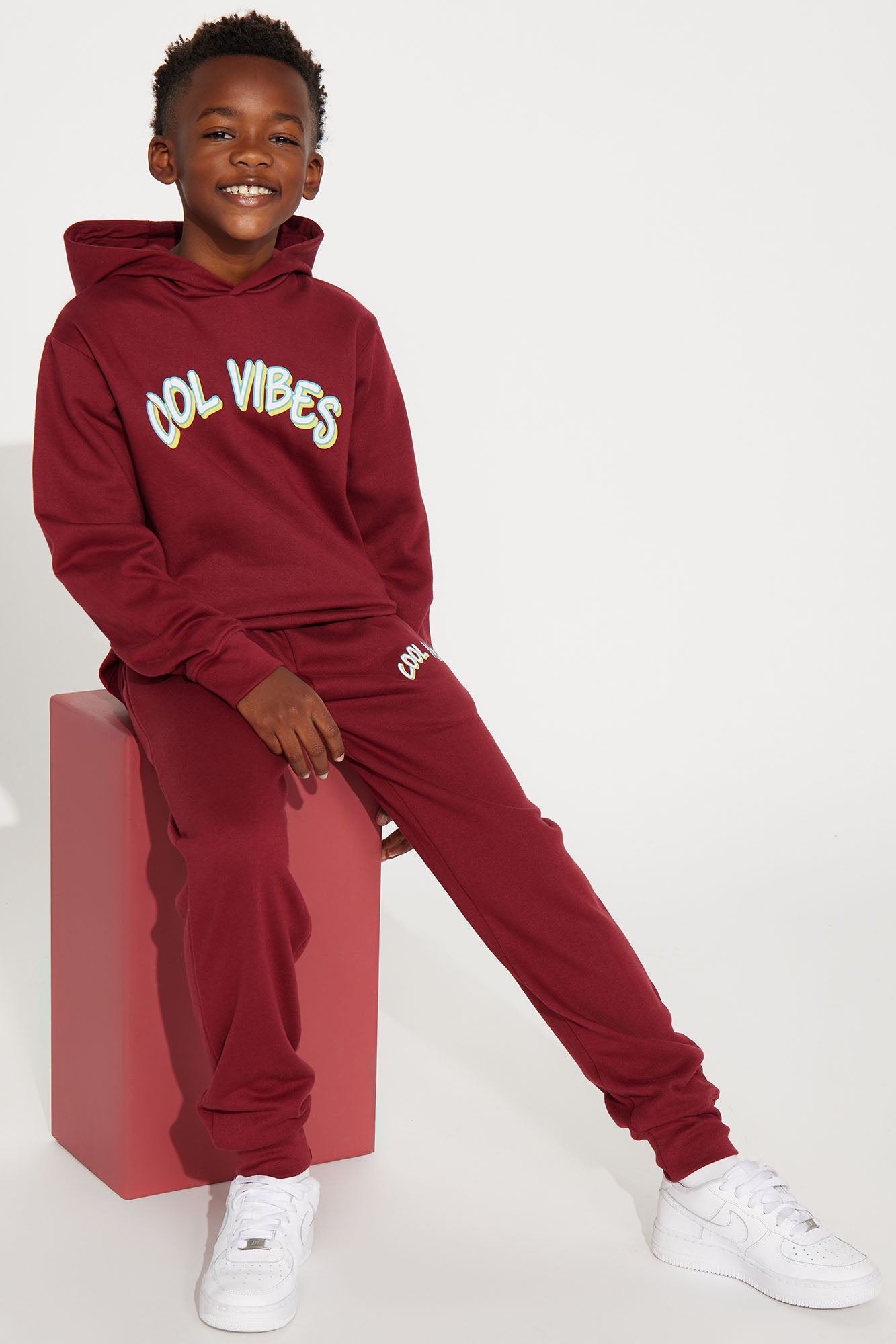 Mini Cool Vibes Fleece Hoodie &amp; Jogger Pant Matching Set - Burgundy