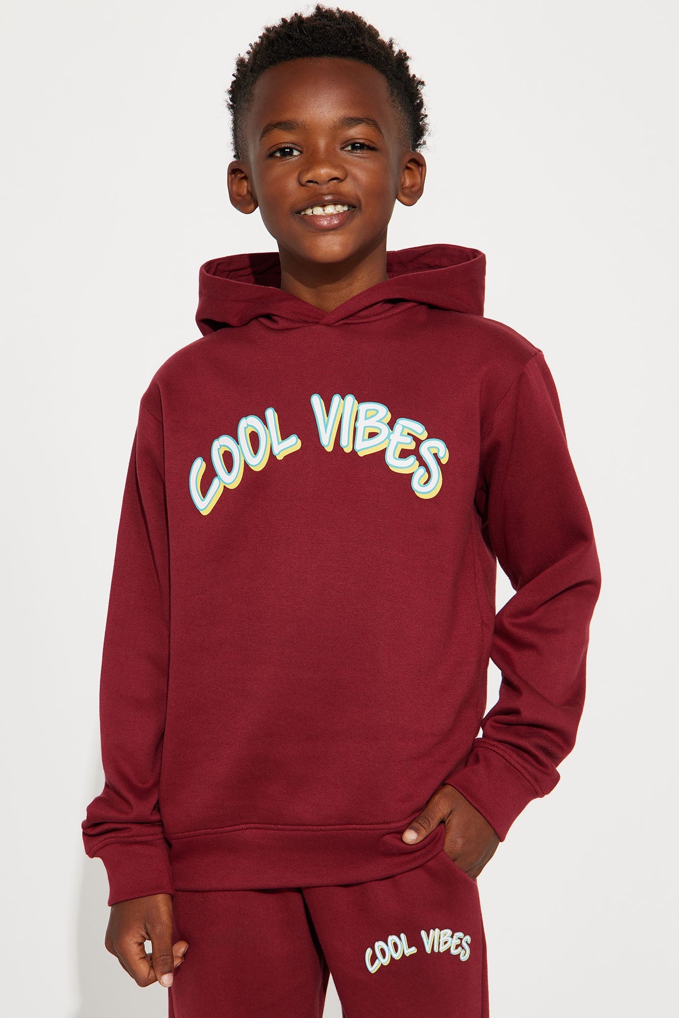 Mini Cool Vibes Fleece Hoodie &amp; Jogger Pant Matching Set - Burgundy