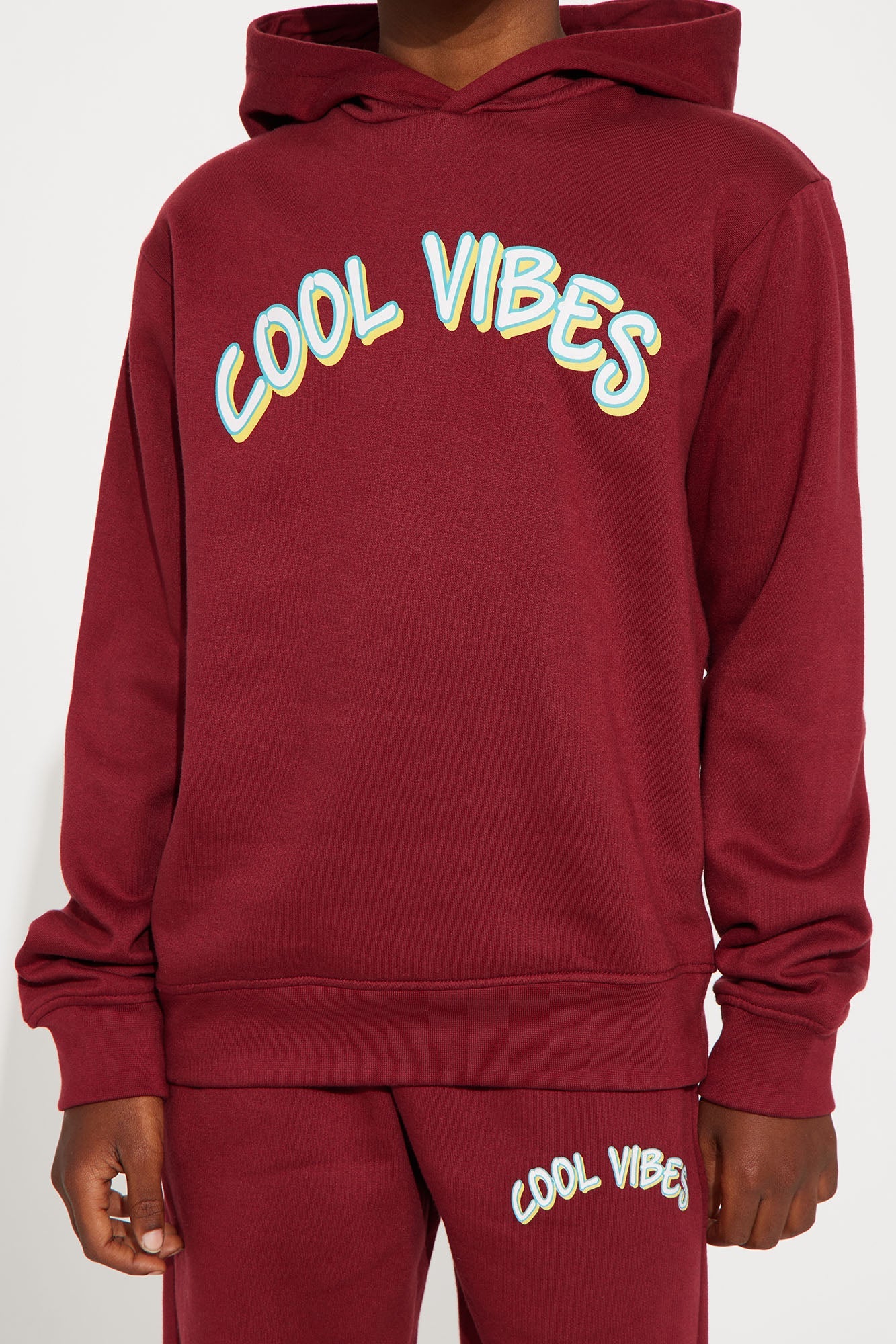 Mini Cool Vibes Fleece Hoodie &amp; Jogger Pant Matching Set - Burgundy