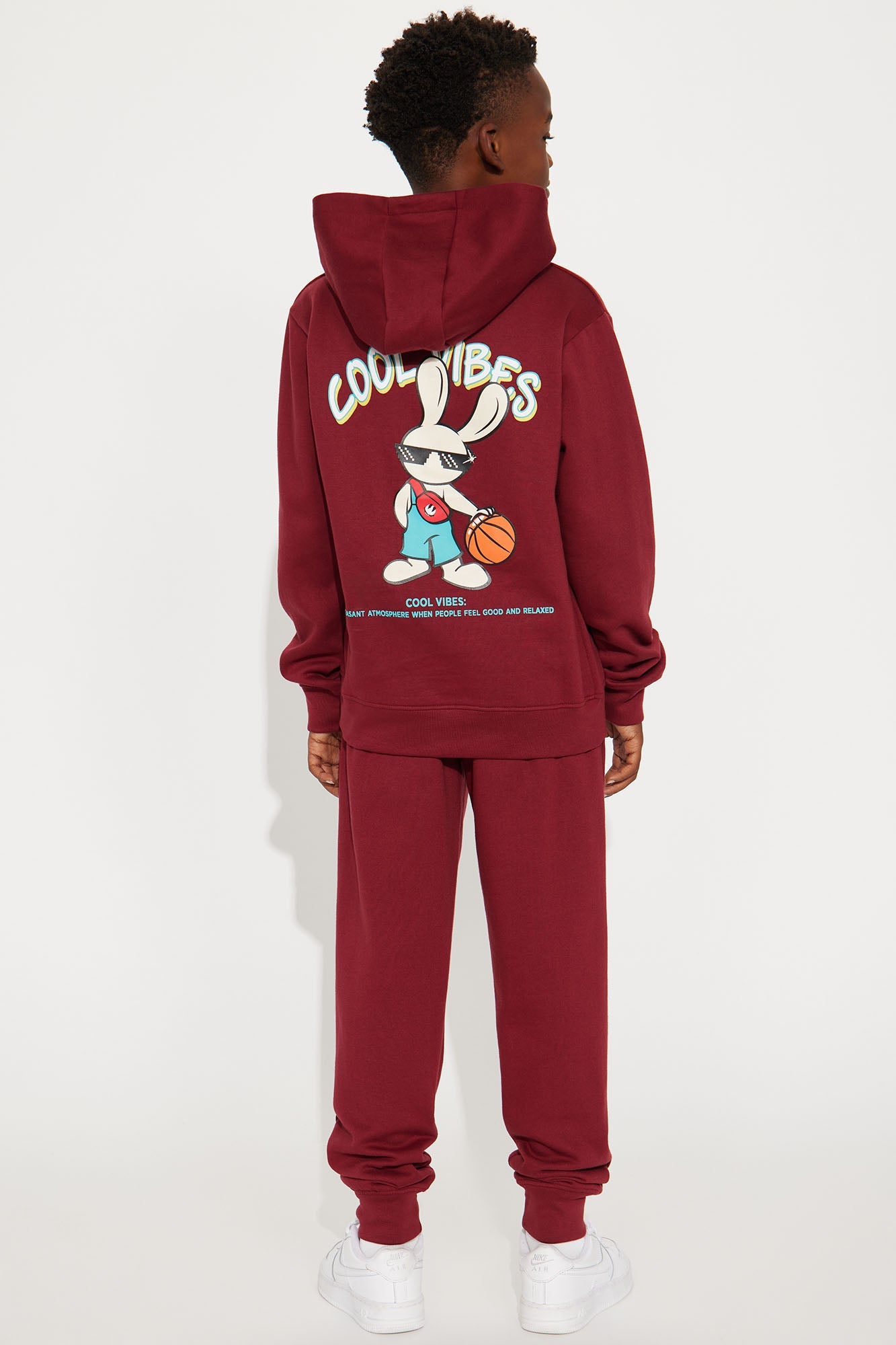 Mini Cool Vibes Fleece Hoodie &amp; Jogger Pant Matching Set - Burgundy
