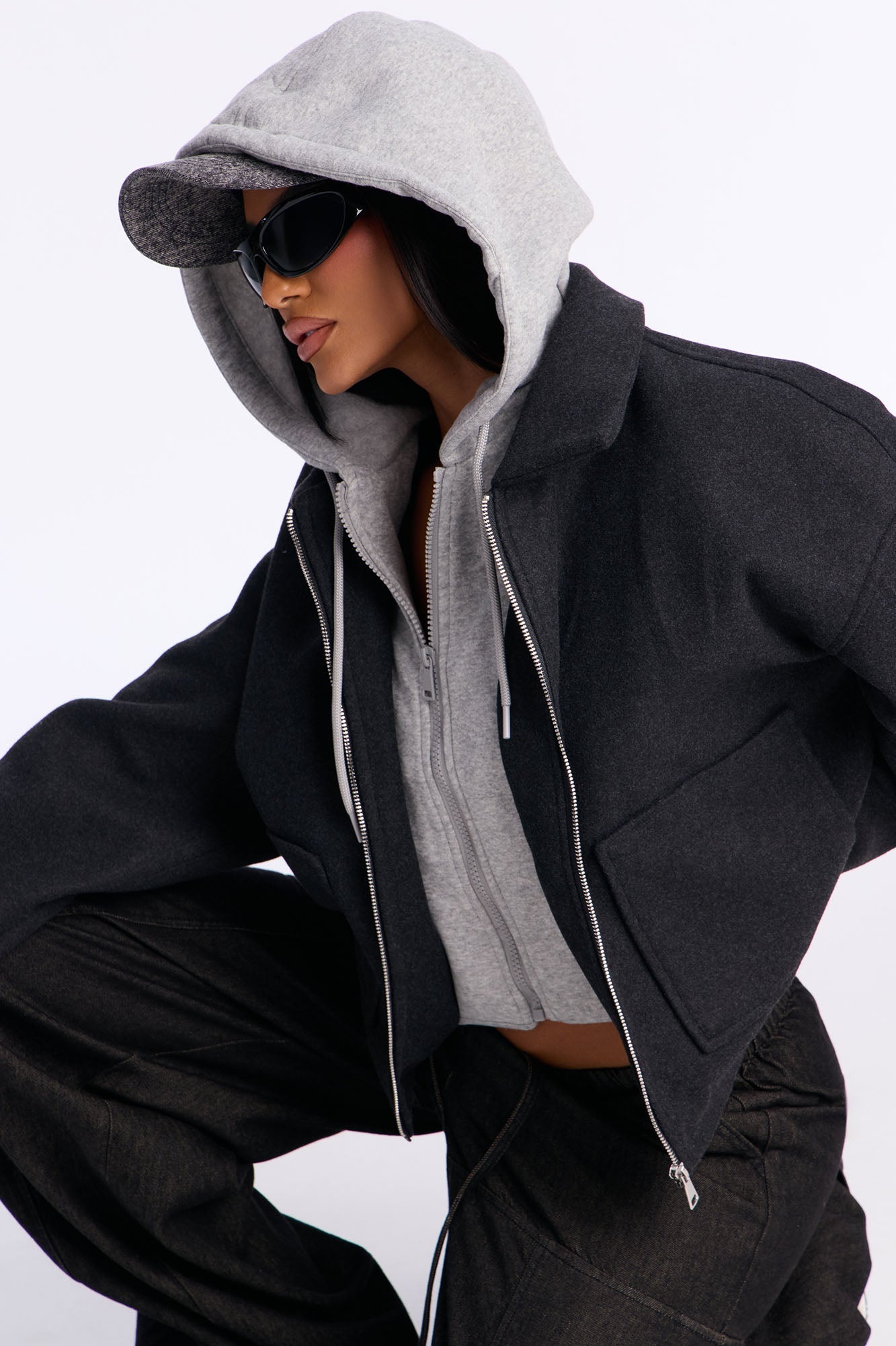 Brooklyn Stroll Hooded Layered Coat - Charcoal