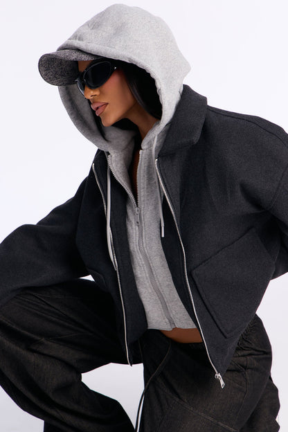 Brooklyn Stroll Hooded Layered Coat - Charcoal