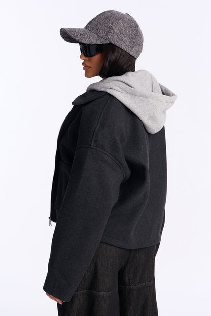 Brooklyn Stroll Hooded Layered Coat - Charcoal