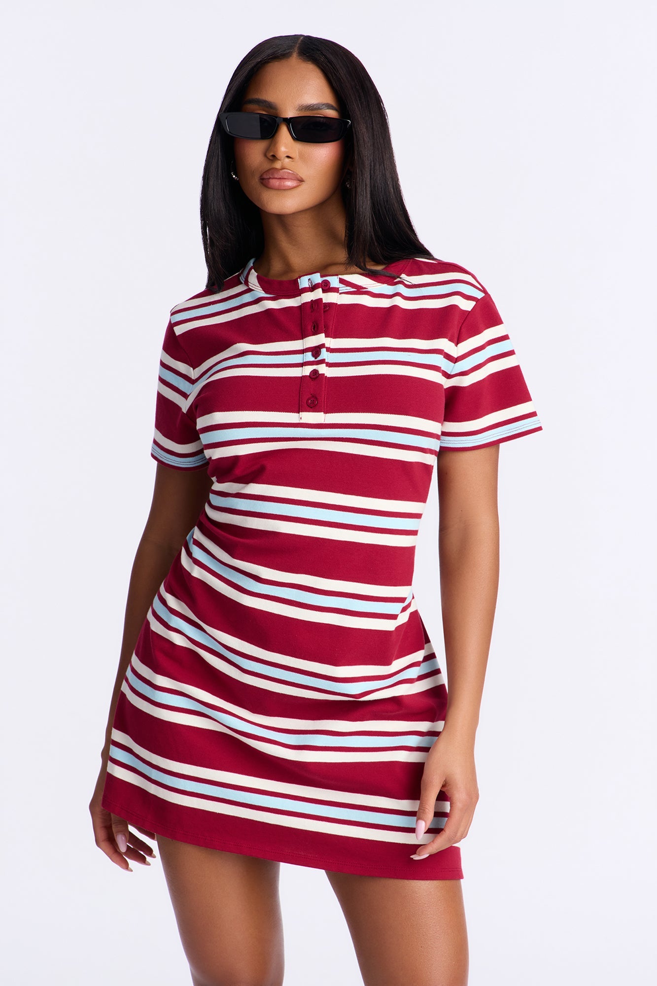 Demi Short Sleeve Striped Mini Dress - Burgundy/combo