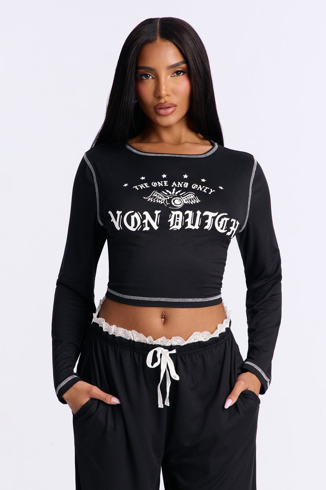 Von Dutch Long Sleeve PJ Pant Set - Black/White