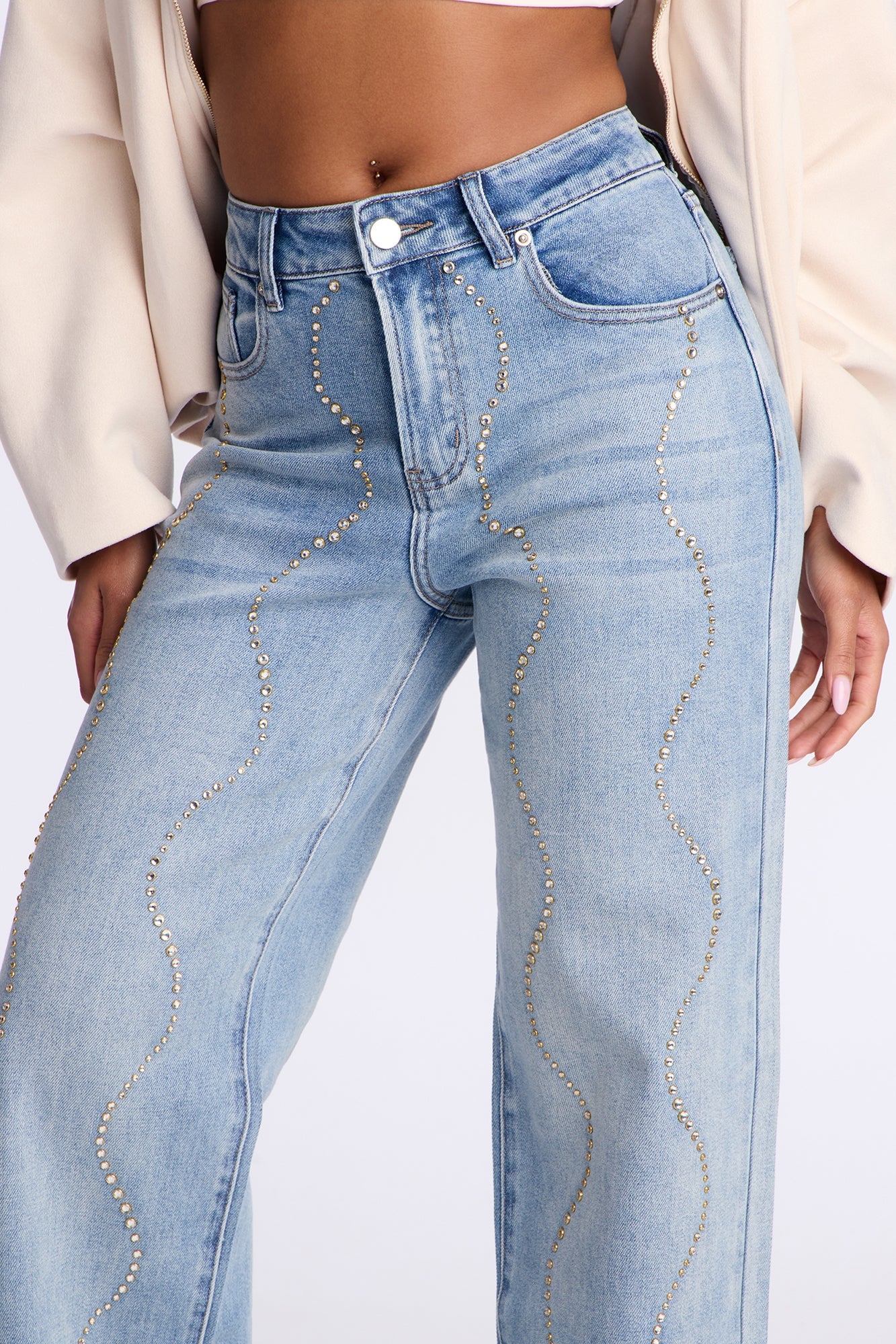 Ready To Shine Embellished Straight Leg Jeans - Light Wash