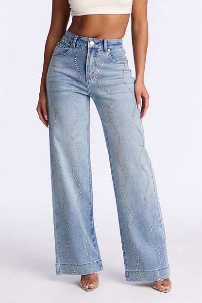 Ready To Shine Embellished Straight Leg Jeans - Light Wash