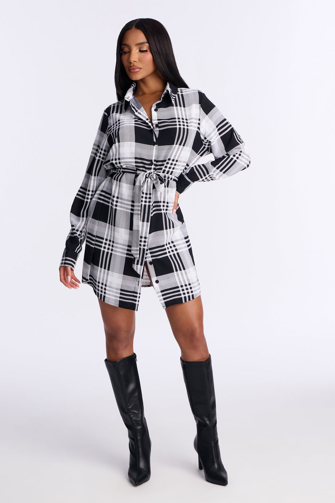 Derby Plaid Belted Mini Shirt Dress - Black/combo