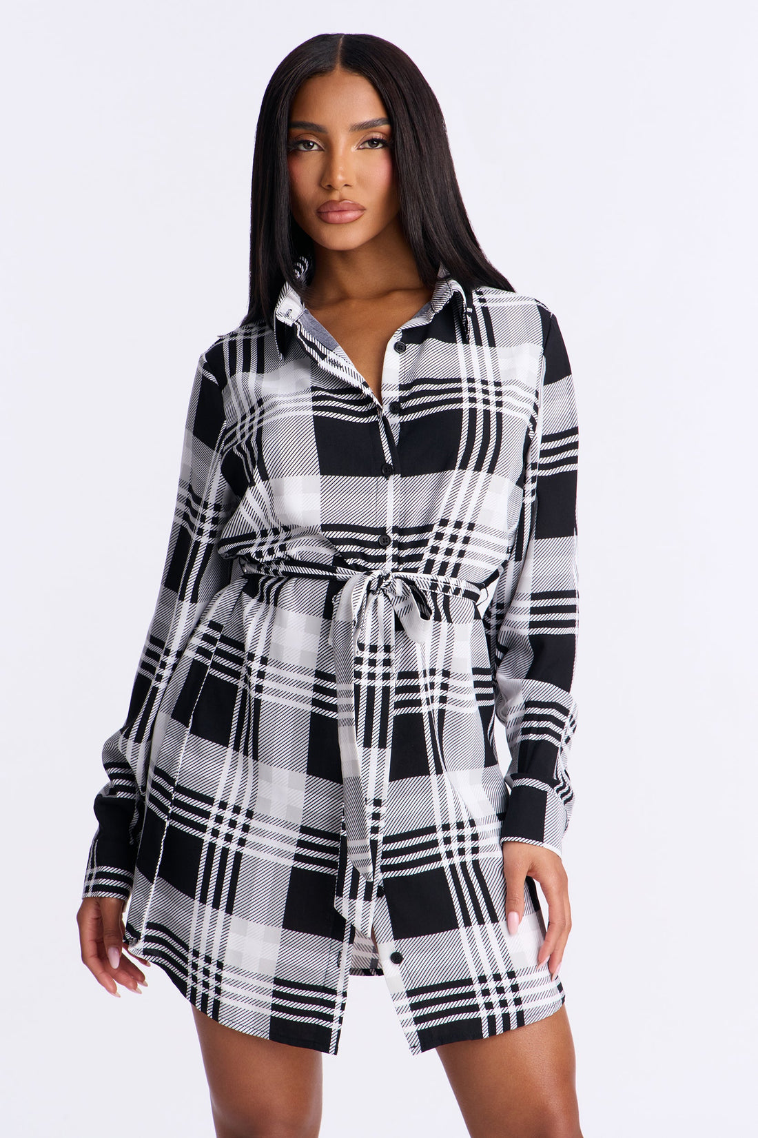Derby Plaid Belted Mini Shirt Dress - Black/combo