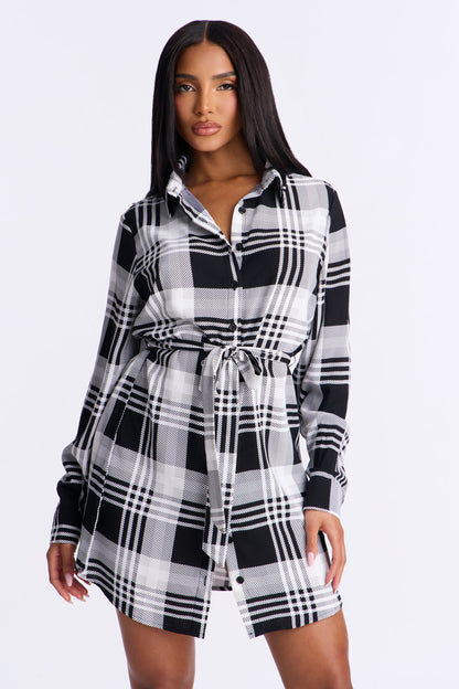 Derby Plaid Belted Mini Shirt Dress - Black/combo
