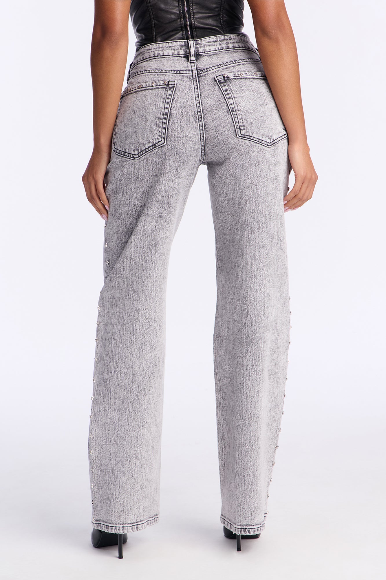 Shining Star Embellished Straight Leg Jeans - Grey