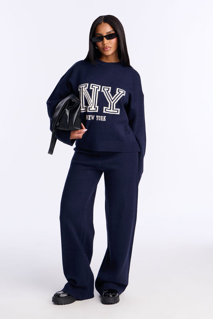 New York Prep Crew Neck Sweater Pant Set - Navy