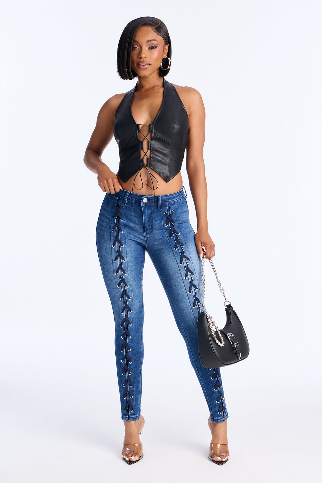 Look This Way Lace Up Skinny Jeans - Dark Wash