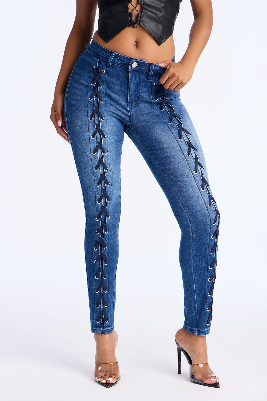 Look This Way Lace Up Skinny Jeans - Dark Wash