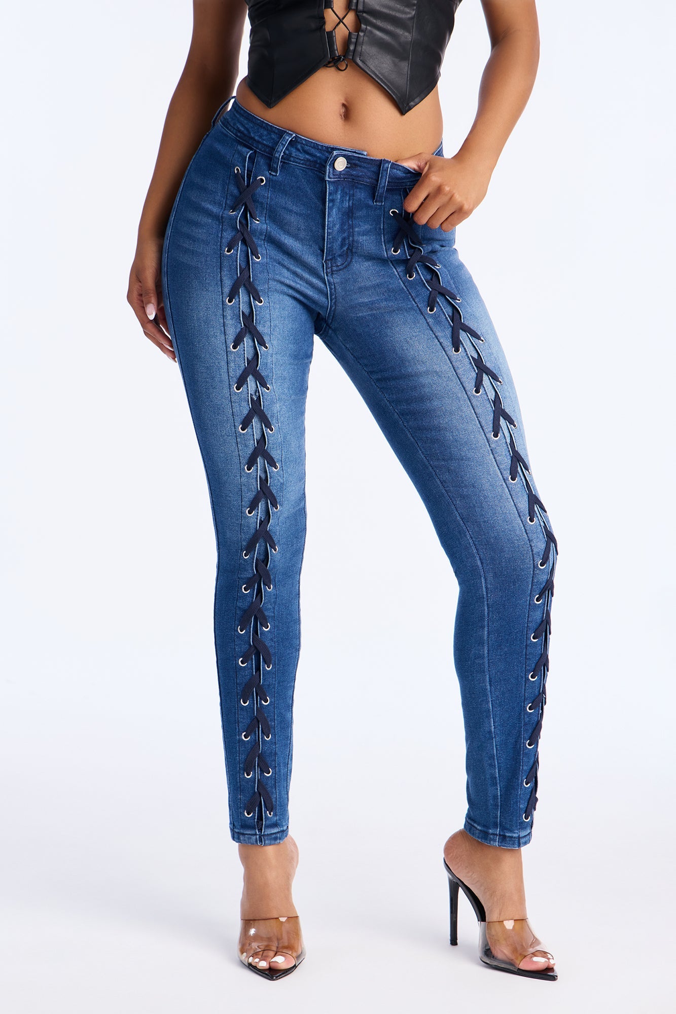 Look This Way Lace Up Skinny Jeans - Dark Wash
