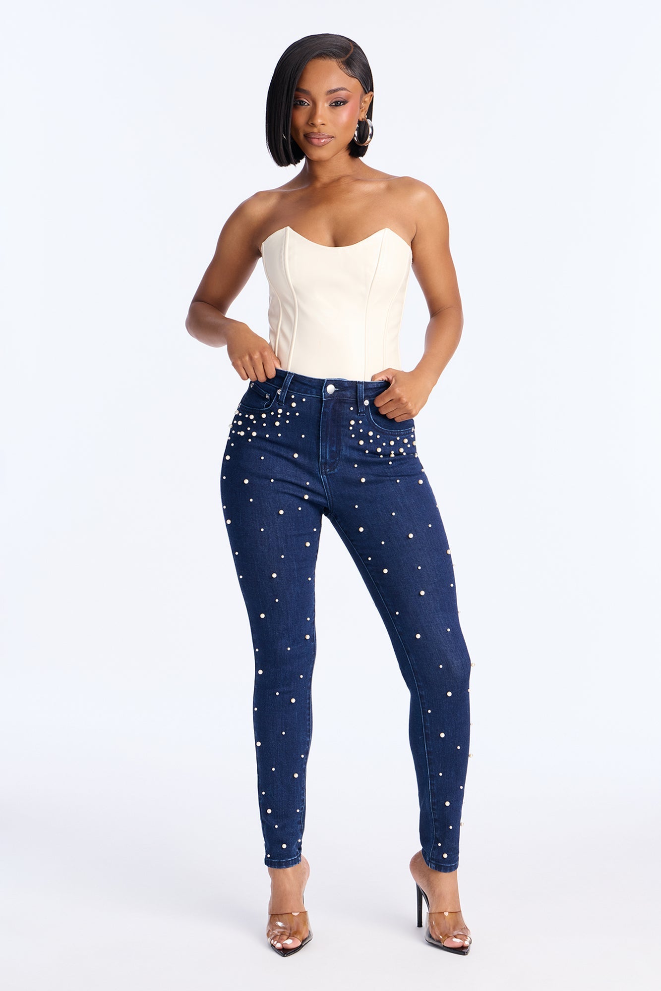 Dripping In Pearls Embellished Skinny Jeans - Dark Wash