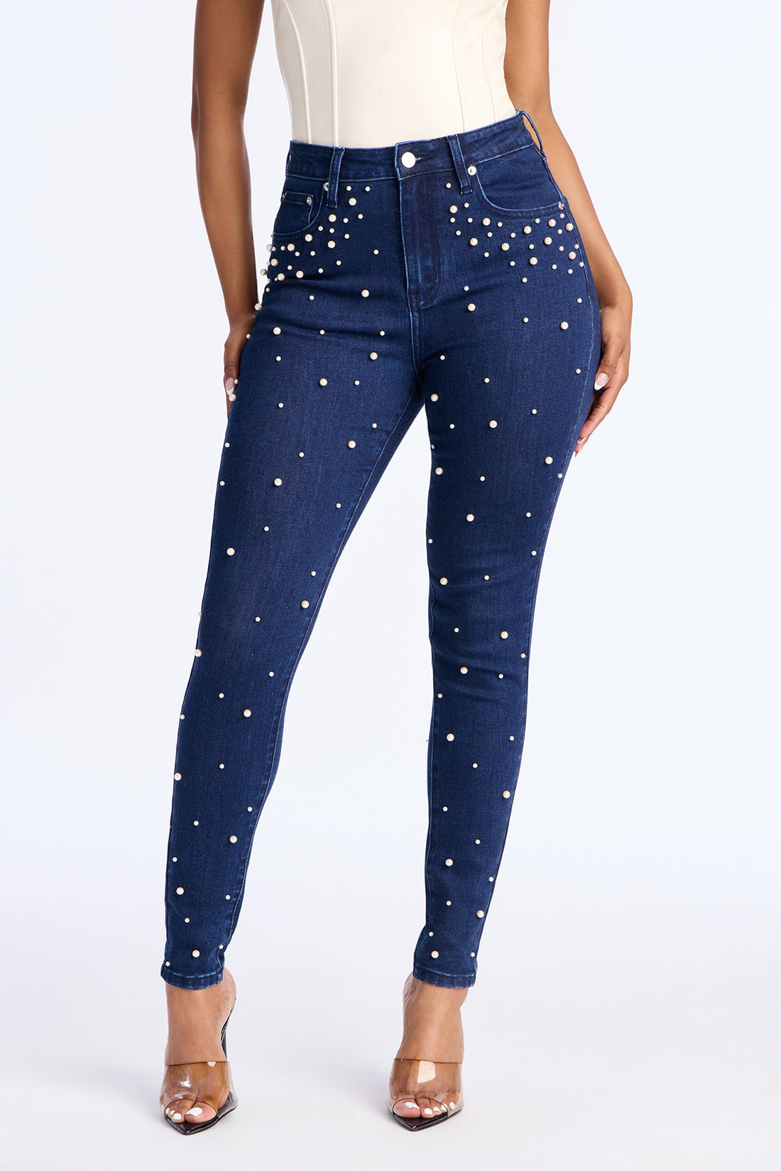 Dripping In Pearls Embellished Skinny Jeans - Dark Wash