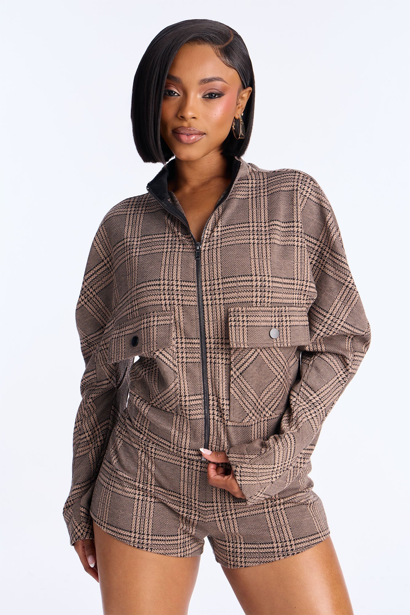 Layla Plaid Jacket Short Set - Taupe/combo