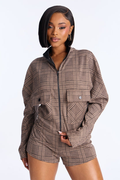 Layla Plaid Jacket Short Set - Taupe/combo