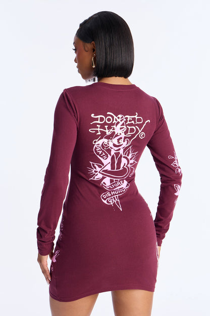 Ed Hardy Heart &amp; Rose Long Sleeve Mini Dress - Wine