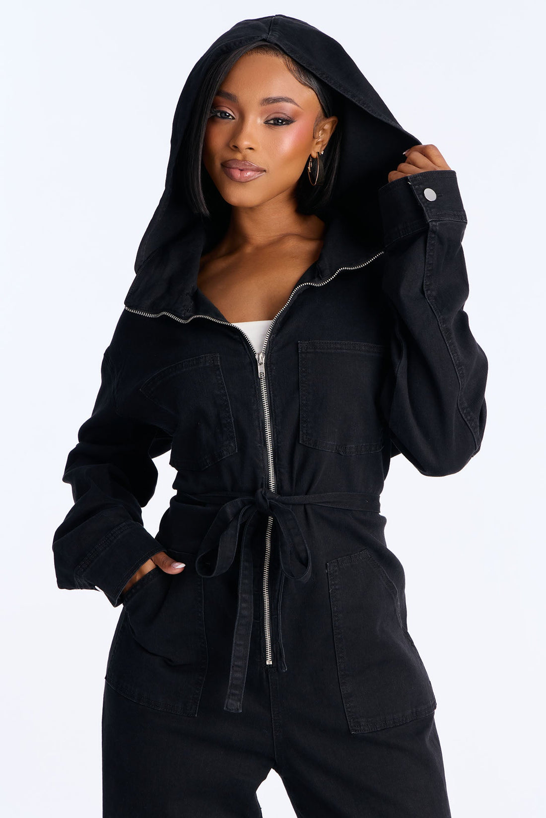 Mya Cinched Waist Hooded Denim Jumpsuit - Black